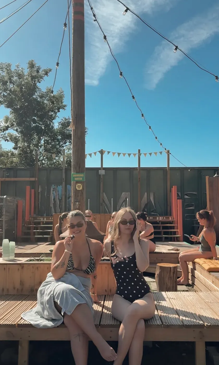 A group together in the wood-fired sauna at Balta Chill